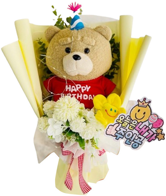 LOVELY FARM 人造花 19禁熊 熊麻吉 玩偶花束 + 裝飾插牌 + 點膠 + 木棒 + LED燈串組, 今天我就是主角, 1個