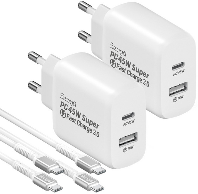 서가 45W PD3.0 PPS 2포트 멀티 C타입 초고속 충전기+60W 메탈 고강도 CtoC 초고속 케이블 1.5m 세트, 화이트, 2세트