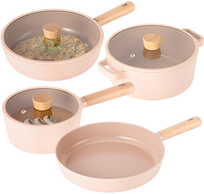 nEOFLam IH爐適用Fika Objet系列韓國產鋁鑄鍋具4件組, 單柄鍋 18cm+雙耳鍋 22cm+平底鍋 28cm+炒鍋 26cm, 1套, 蜜桃粉