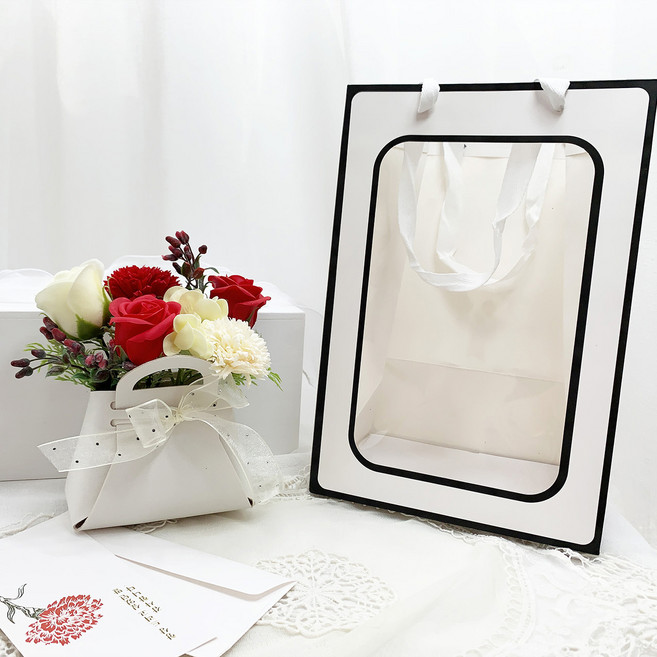 노블리 조화 스타일 카네이션 비누꽃 가방 + 감사 카드 + 용돈 봉투 + 쇼핑백 세트, 레드(조화), 1세트