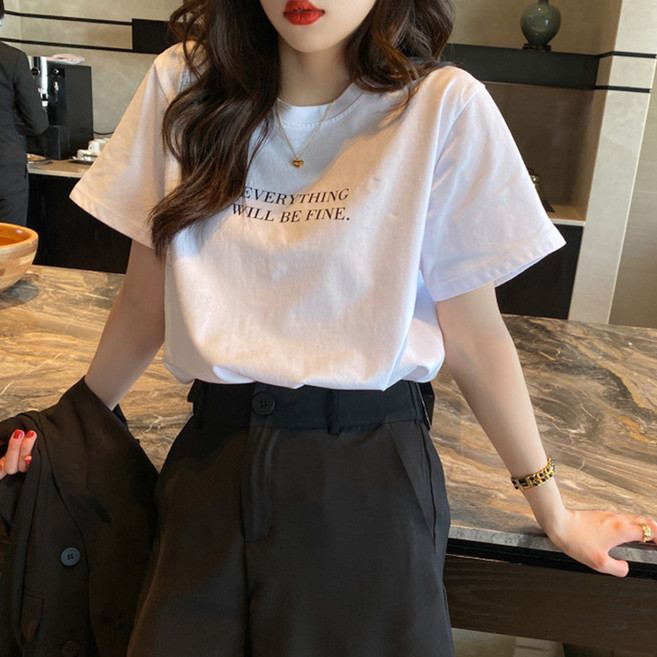 엘쏘 여성용 통기성 에브리띵 레터링 루즈핏 반팔 티셔츠