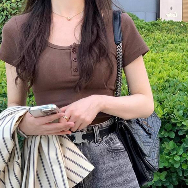 엘쏘 여성용 골지 버튼 초슬림 크롭 반팔 티셔츠