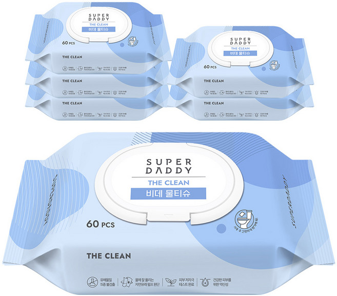 슈퍼대디 더클린 비데 물티슈 캡형, 60g, 60개입, 6개