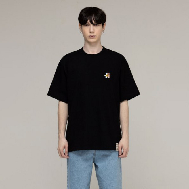 GRAVER UNISEX 花朵熊微笑刺繡短袖T恤, 海軍藍