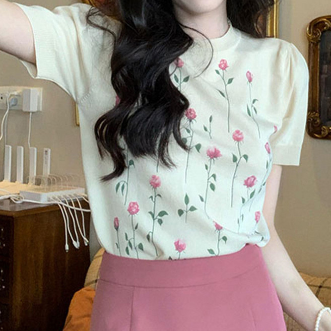 페이퍼먼츠 여성용 라운드넥 퍼프 슬리브 플라워 니트 22142