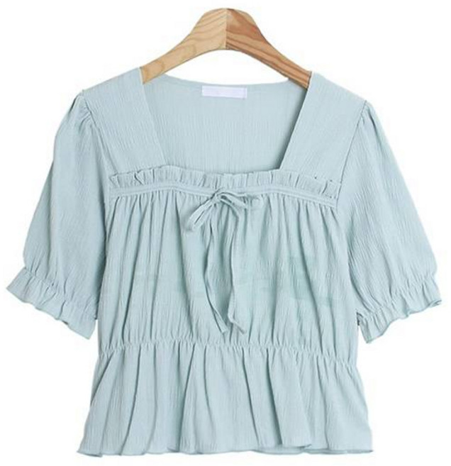 린다샵 퐁델리 스퀘어넥 어깨 퍼프 스모크 리본 블라우스 cpbl5203k35