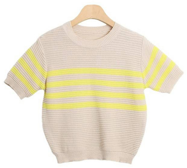 린다샵 여성용 시하러 라운드넥 스트라이프 반팔 니트 티셔츠 cpnt4588k35