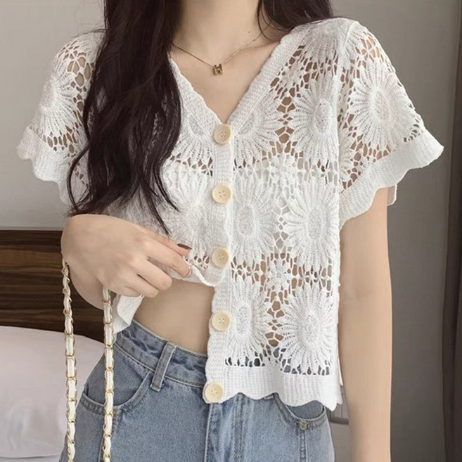 I'M MONG 女款 Butter 蕾絲夏季針織短袖開襟衫