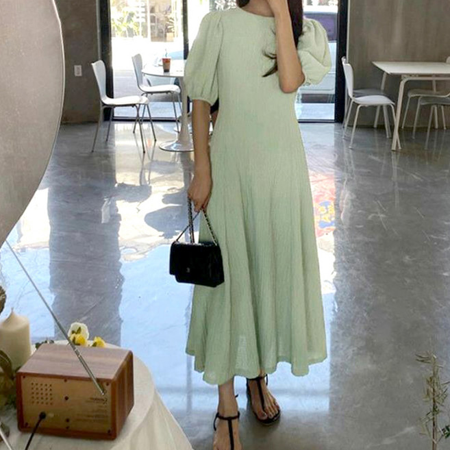 페이퍼먼츠 라운드넥 백리본 퍼프소매 찰랑 원피스 22188