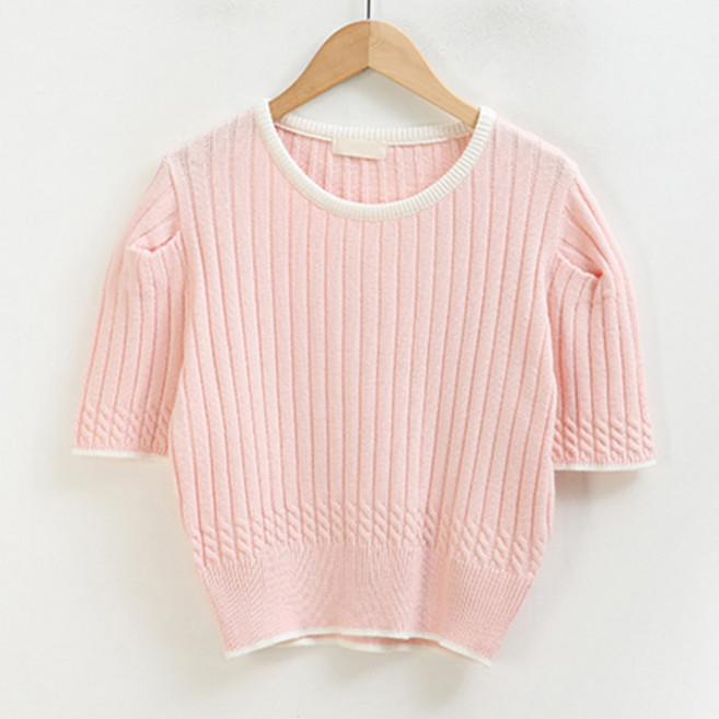 피핀 여성용 배색라인 세미 크롭 퍼프 니트 111198