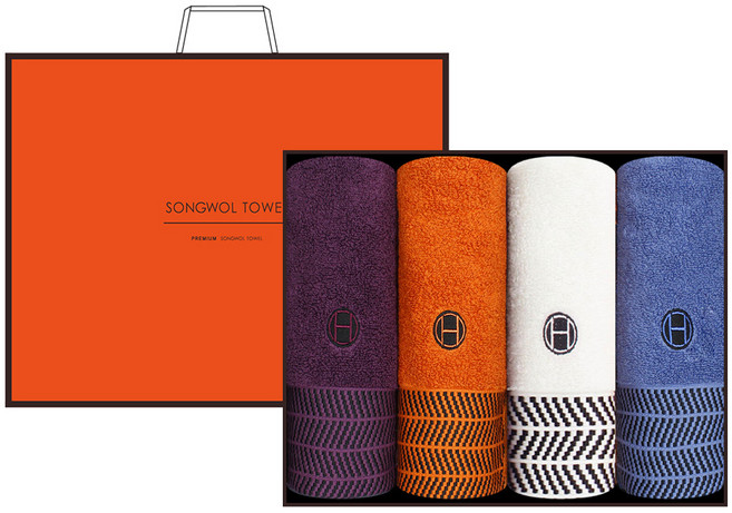 송월타월 호텔컬렉션 어로우 150g 30수 면사 4종 세트 + 쇼핑백, 아이보리, 오렌지, 블루, 퍼플, 1세트