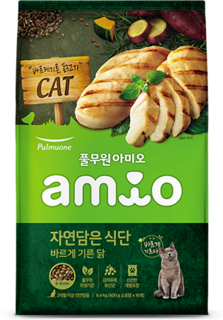 풀무원아미오 2개월 이상 전연령 자연담은 식단 캣 건식사료, 닭, 6.4kg, 1개