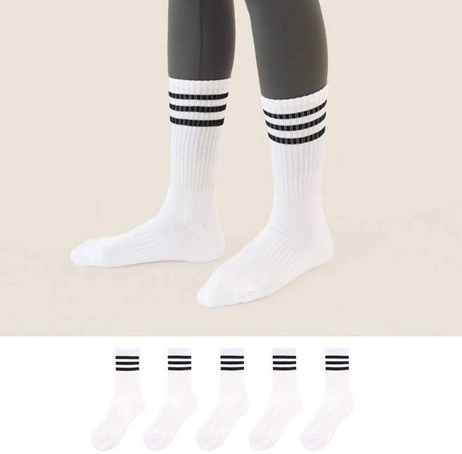 가나양말 여성용 프리미엄 이중바닥 쿠션 삼선 스포츠 장목 양말 5켤레 세트
