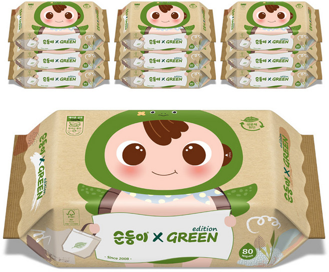 순둥이 그린 에디션 물티슈 리필형, 55g, 80매, 10개