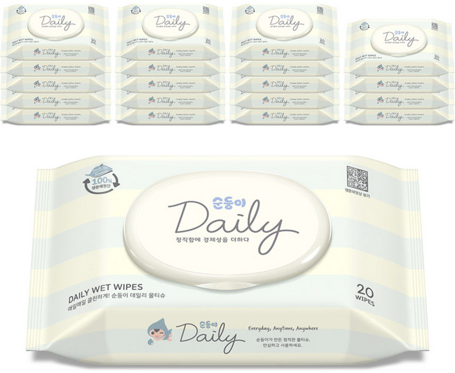 순둥이 데일리 물티슈 휴대캡형, 45g, 20매, 20개