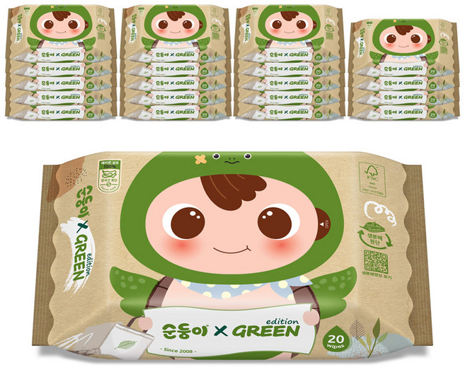 순둥이 그린에디션 유아물티슈 휴대 리필형, 55g, 20매, 20개