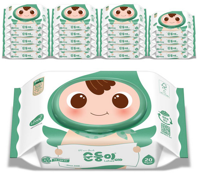 순둥이 로하스 물티슈 휴대캡형 75평량, 75g, 20매, 20개