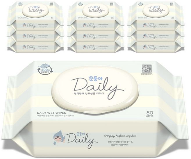 순둥이 데일리 물티슈 캡형, 45g, 80매, 10개