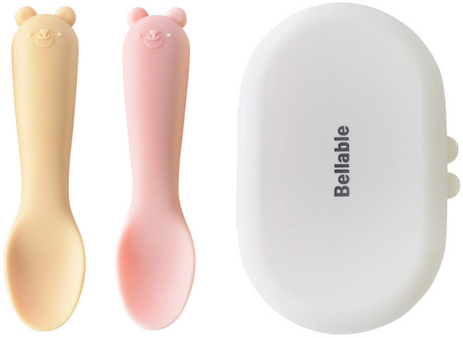 벨라블 유아용 고미 자기주도 스푼 2종 + 케이스 세트, 머스타드 + 핑크, 1세트