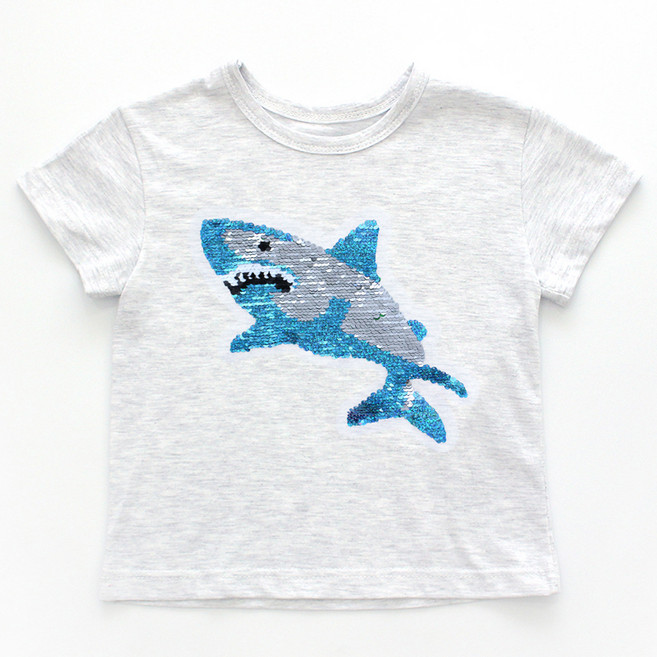 남아용 통기성 반전 상어 스팽글 반팔 티셔츠