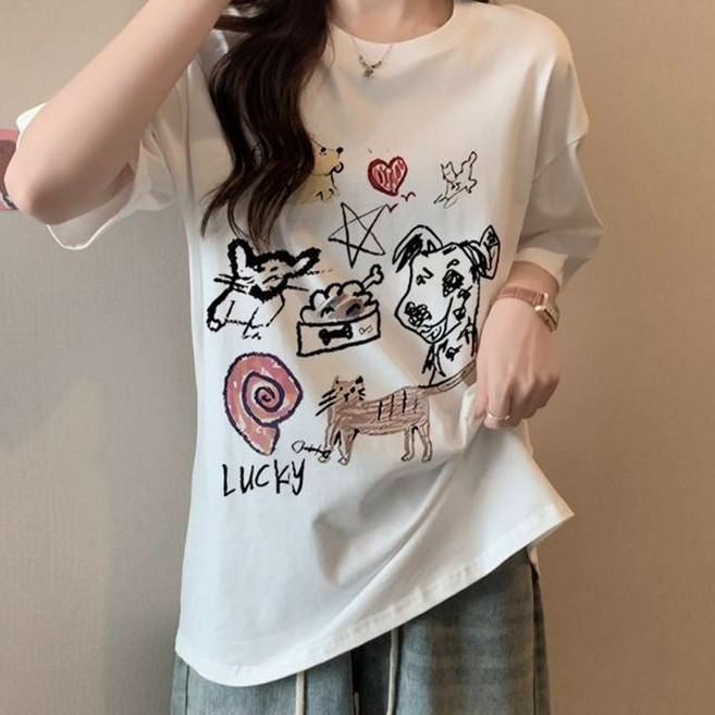 메이첼 여성용 통기성 라운드넥 캐릭터 카툰 프린팅 티셔츠 13075