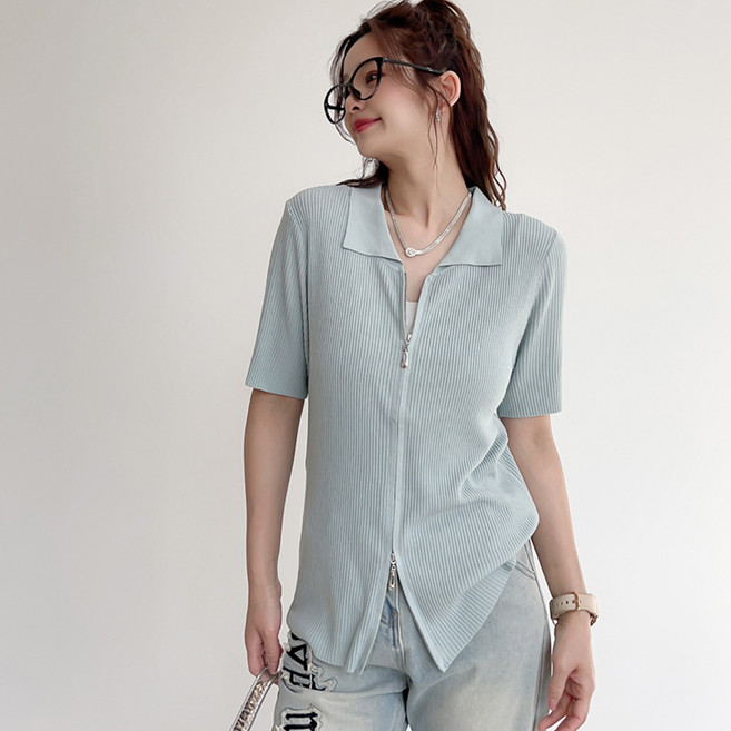 더시럽 여성용 슬림라인 컴포트 골지 니트 반팔 집업