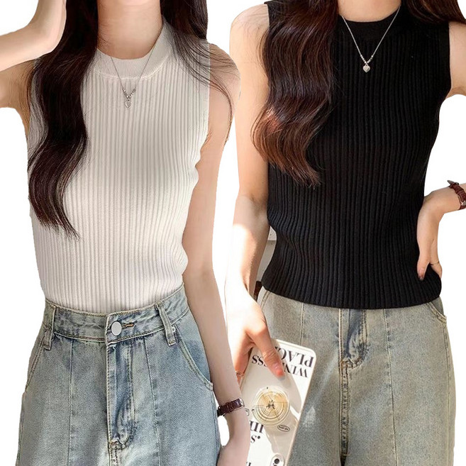 피어니스트 여성용 하이넥 골지 니트 나시티 2종 세트