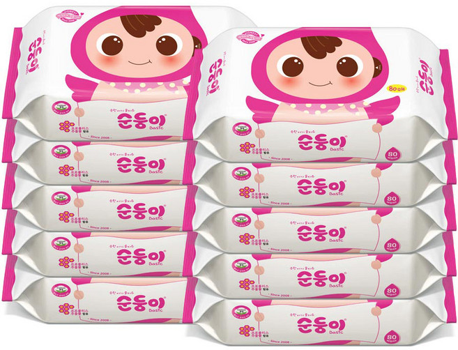 순둥이 베이직 유아물티슈 리필형, 55g, 80매, 10개