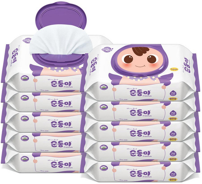 순둥이 프리미엄 엠보싱 아기 물티슈 캡형, 65g, 70매, 10개