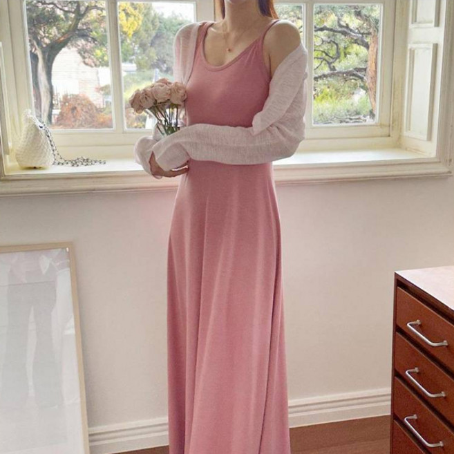 세이스타일 여성용 미엘 텐션 스판 끈나시 플레어 롱 원피스 빅사이즈 포함