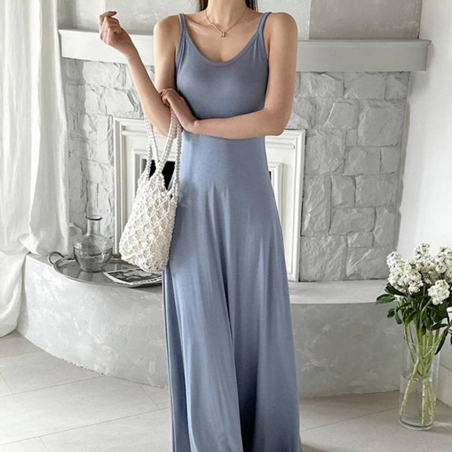 세이스타일 여성용 미엘 텐션 스판 끈나시 플레어 롱 원피스 빅사이즈 포함