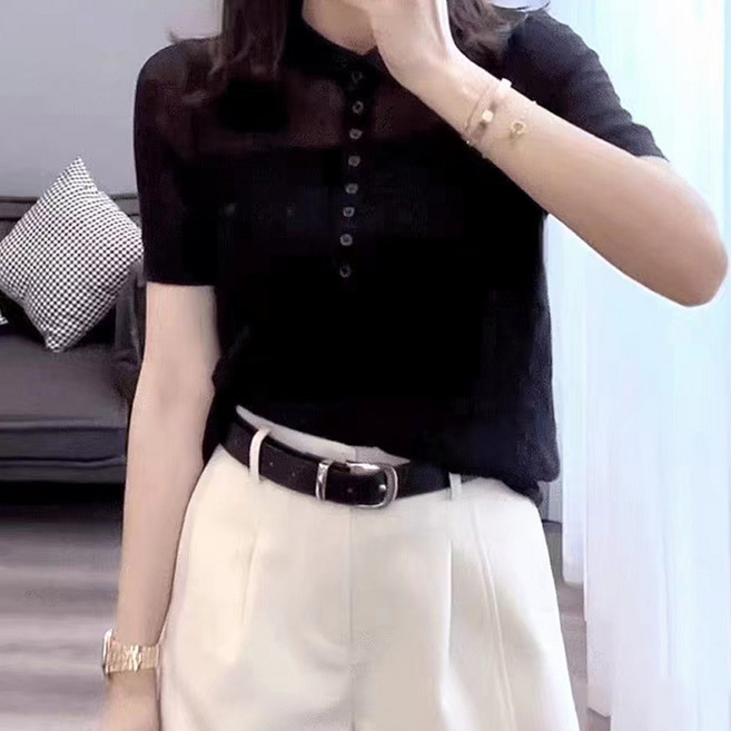 페이퍼먼츠 여성용 시스루 단추카라 아이스 니트 티셔츠 22306