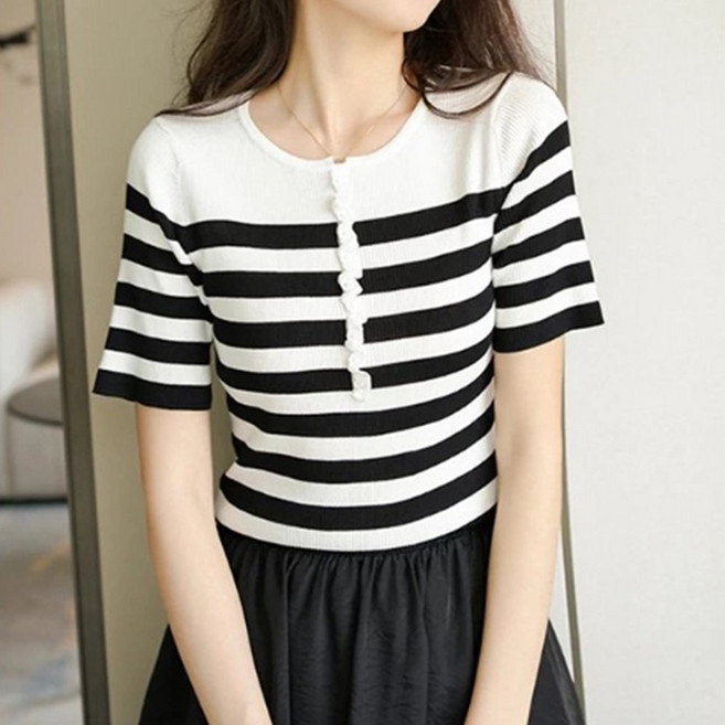 페이퍼먼츠 여성용 냉감 통기성 단추라인 스트라이프 쿨링 니트 티셔츠 22316