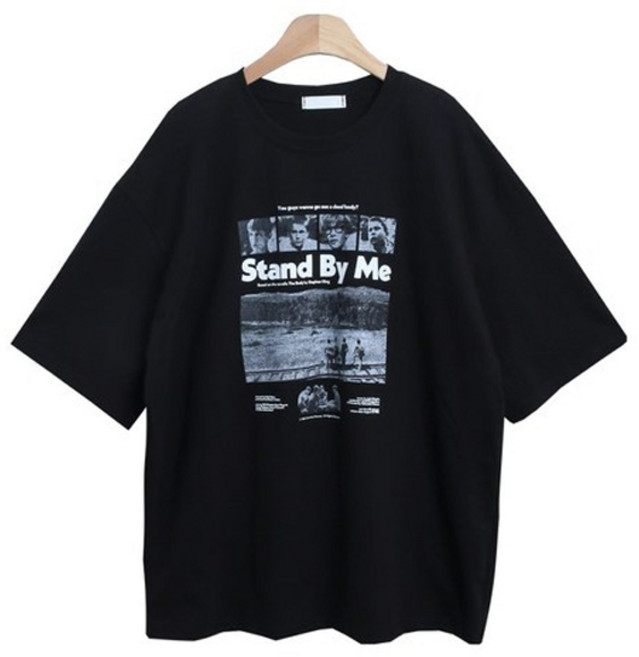 시크블랙 여성용 통기성 데니베 라운드넥 스탠바이미 나염 프린팅 박스 티셔츠 cpt14908k43