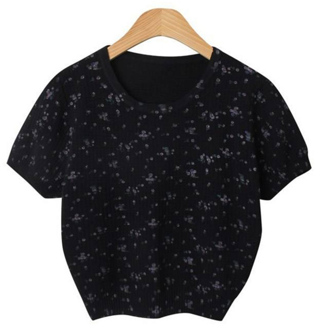 린다샵 여성용 젠미스 라운드넥 잔플라워 세미크롭 반팔니트 cpnt5334k43