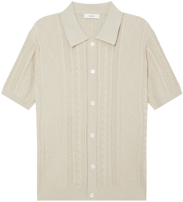 헤지스 남성용 RECYCLED POLY 면혼방 아란 조직 카라 반팔 가디건