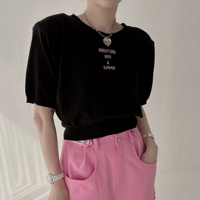 비비에모 여성용 통기성 레터링 숏 니트 반팔 티셔츠 06789