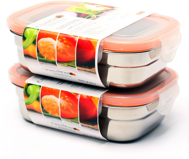 까사맘 스테인레스 스틸 사면 결착 강력 밀폐용기, 2개, 320ml