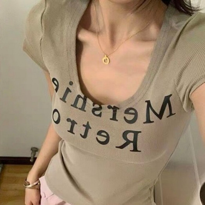 비비에모 여성용 통기성 섹시 유넥 레터링 빈티지 티셔츠 06822