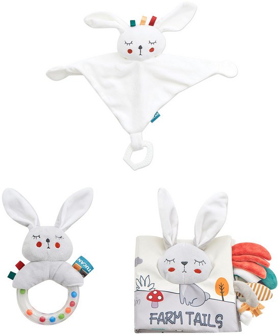 투칸 백일 선물 토끼 딸랑이 + 애착인형 + 촉감놀이 헝겊책 세트, 혼합색상, 1개