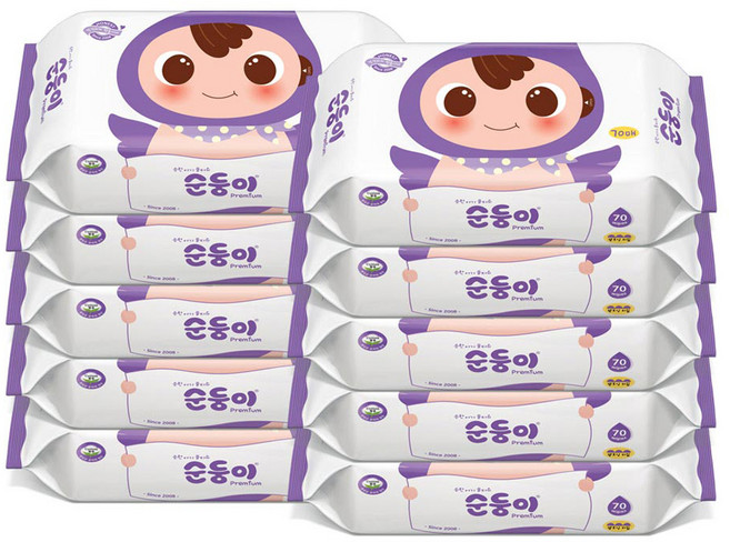순둥이 프리미엄 엠보싱 물티슈 리필형, 65g, 70매, 10세트