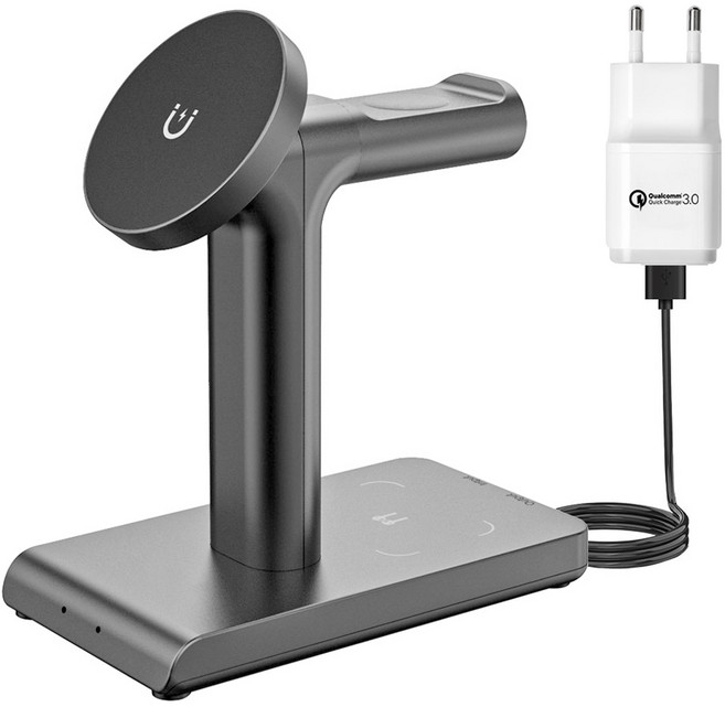 유엠투 애플워치 갤럭시워치 겸용 3in1 맥세이프 고속 무선 충전기 거치대, 블랙, 1개