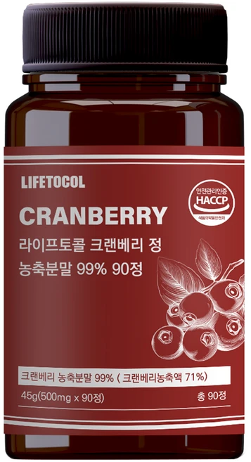 라이프토콜 크랜베리 정 농축분말 99% 45g, 90정, 1개 - 쿠팡
