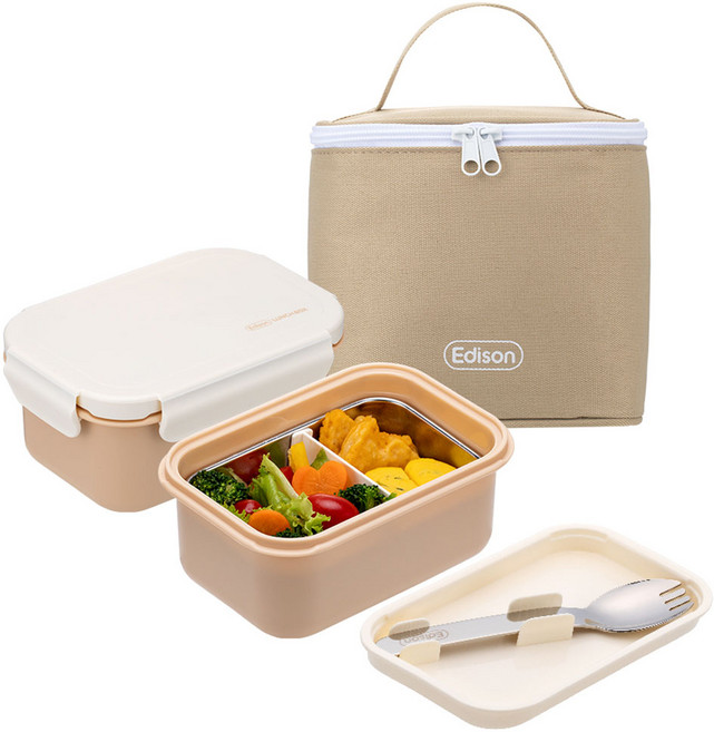 에디슨 하나로 스텐 도시락 2p + 가방 세트, 베이지, 1세트