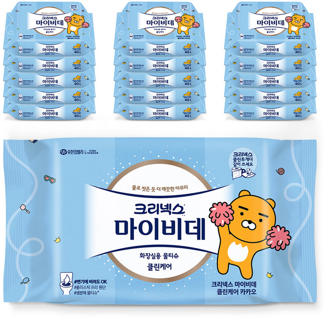 마이비데 클린케어 카카오 화장실용 물티슈 휴대형, 40매, 16개