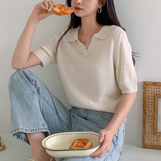 뜨개진 여성용 통기성 심플 오픈 랜서 카라넥 반팔 니트