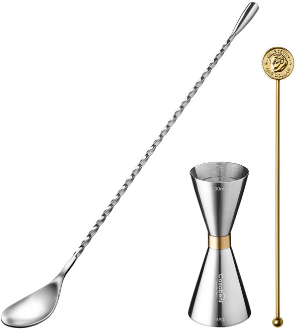 까사베니 홈텐딩 칵테일 하이볼 골드링 계량지거 30ml / 45ml + 바스푼 30cm + 머들러 골드 원형 세트, 1세트, 혼합색상