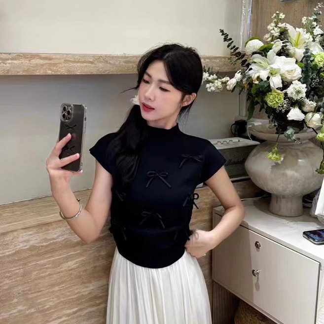 피어니스트 여성용 하이넥 리본장식 반팔 티셔츠