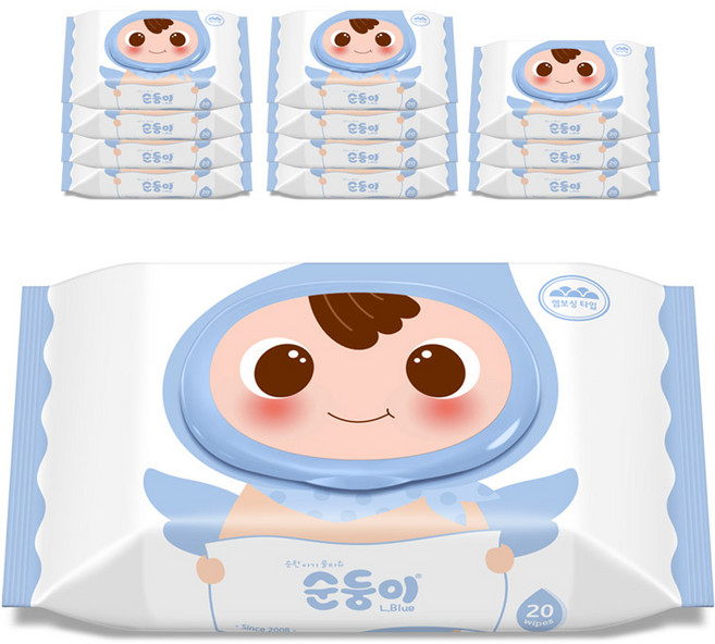 순둥이 유아용 오리지널 플러스 엘블루 휴대 물티슈 캡형, 75g, 20매, 12세트