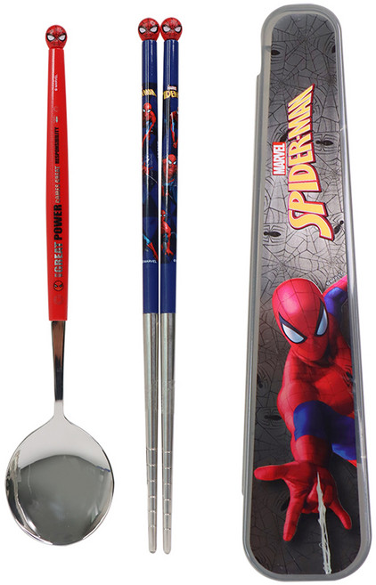 LiLFANT 漫威公仔立體成人不鏽鋼薄筷+收納盒組, 蜘蛛人, 湯匙+筷子+盒子
